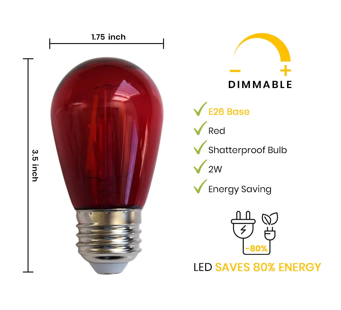 10-PACK Red LED Filament S14 Shatterproof Energy Saving Color Light Bulb, Dimmable, 2W,  E26 Medium Base