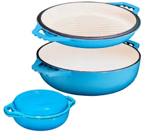 2In1 Enameled Cast Iron Cocotte Double Braiser Pan With Grill Lid 3.3 Quarts - Barbecue