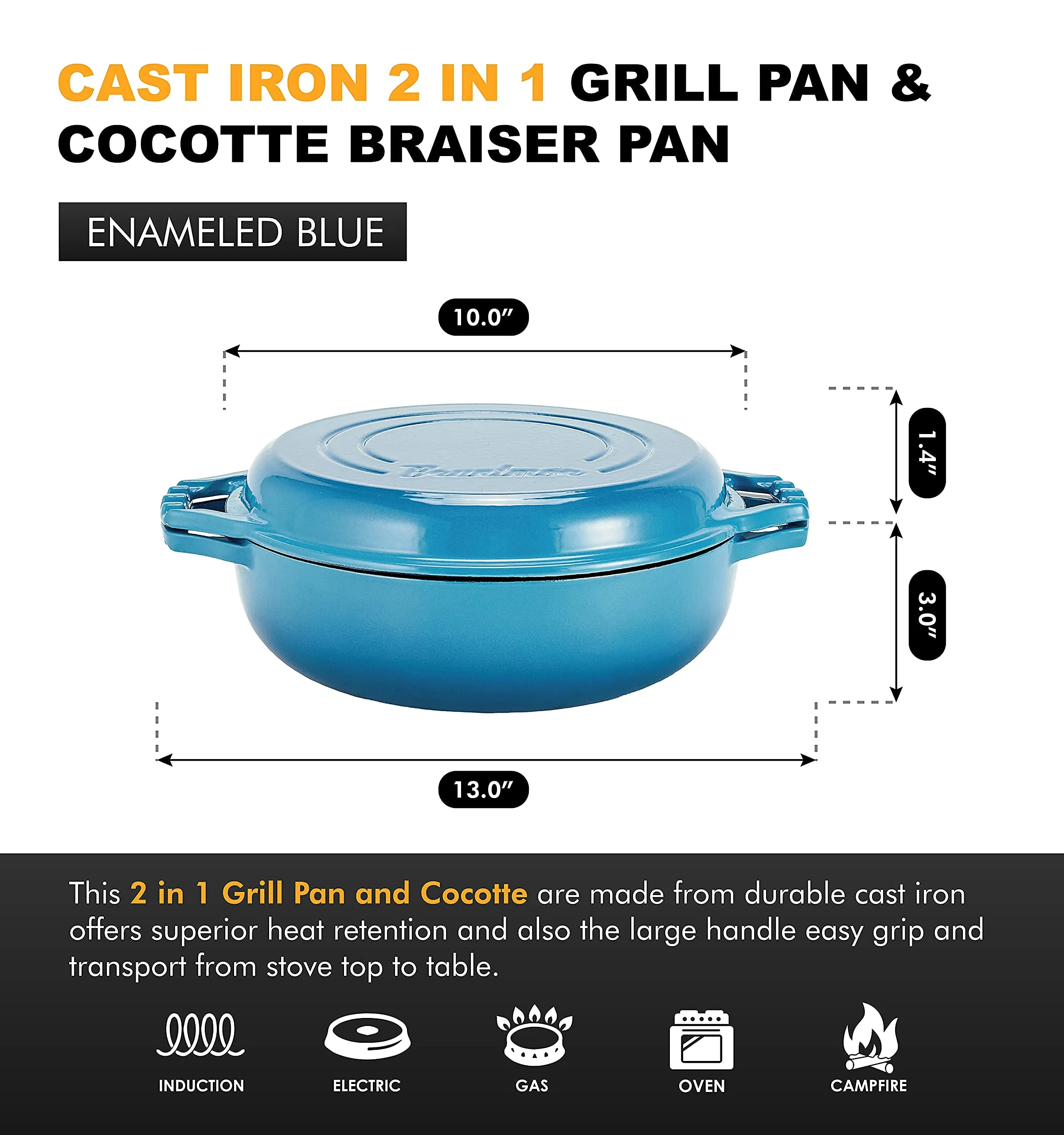 2In1 Enameled Cast Iron Cocotte Double Braiser Pan With Grill Lid 3.3 Quarts - Barbecue