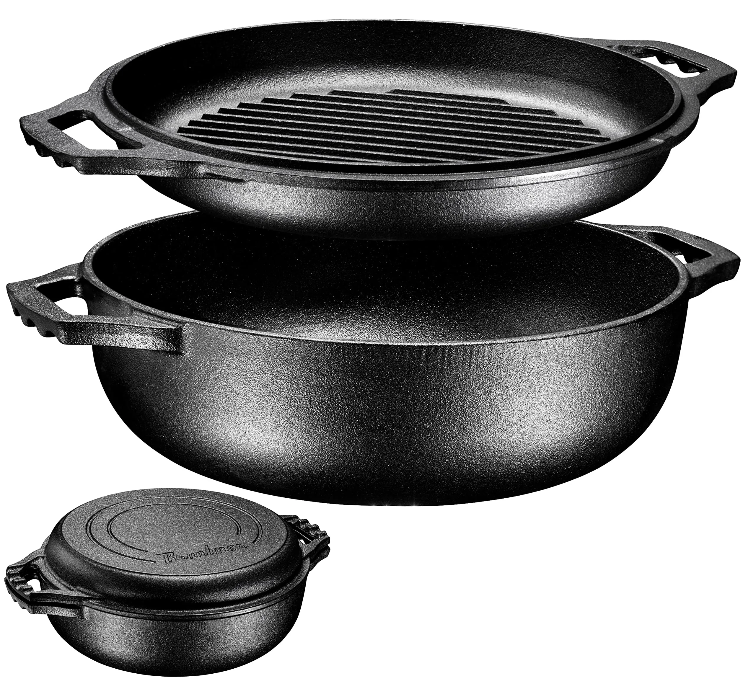 2In1 Enameled Cast Iron Cocotte Double Braiser Pan With Grill Lid 3.3 Quarts - Barbecue