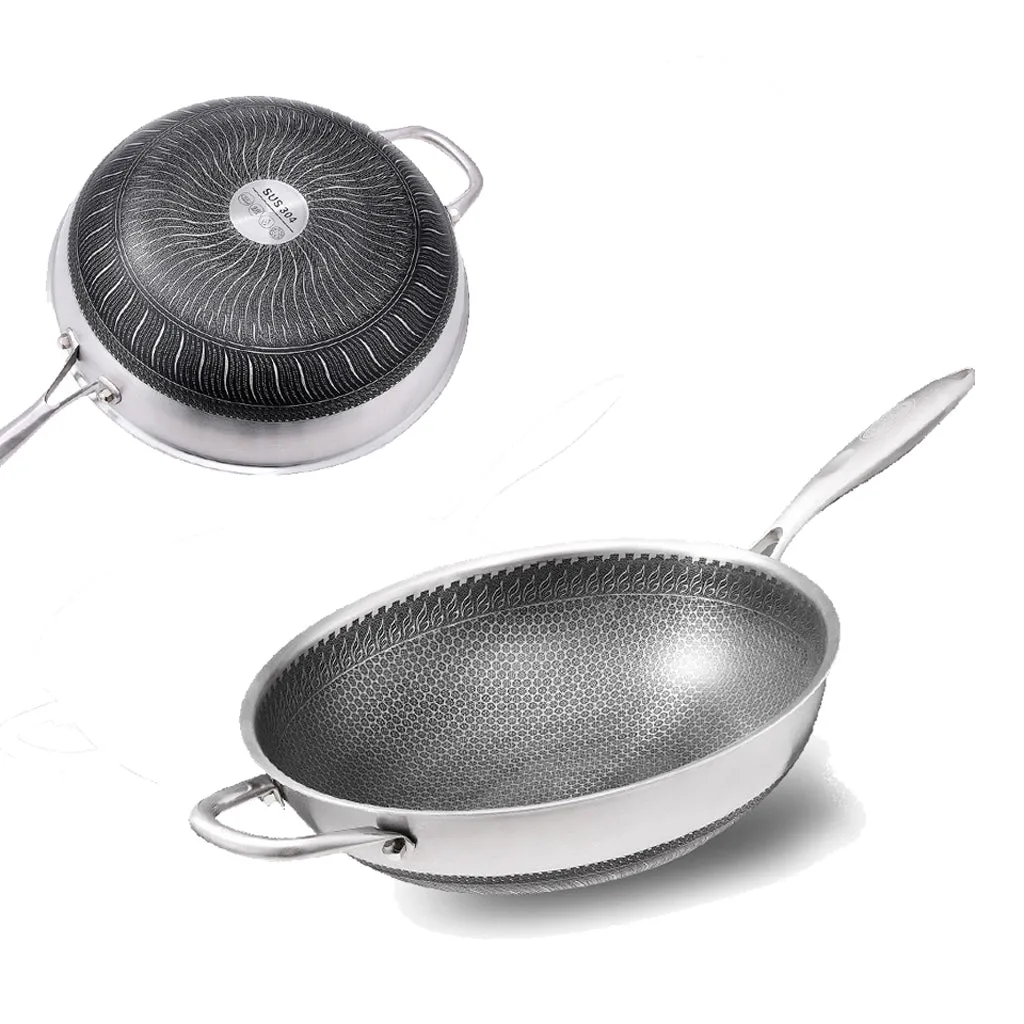 316 Stainless Steel Non-Stick Stir Fry Cooking Kitchen Wok Pan Honeycomb Double Sided