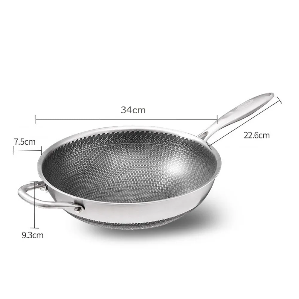 316 Stainless Steel Non-Stick Stir Fry Cooking Kitchen Wok Pan Honeycomb Double Sided