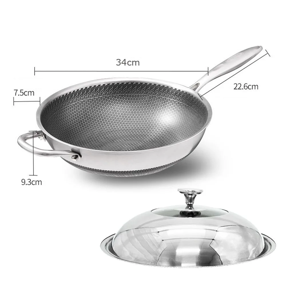 316 Stainless Steel Non-Stick Stir Fry Cooking Kitchen Wok Pan Honeycomb Double Sided