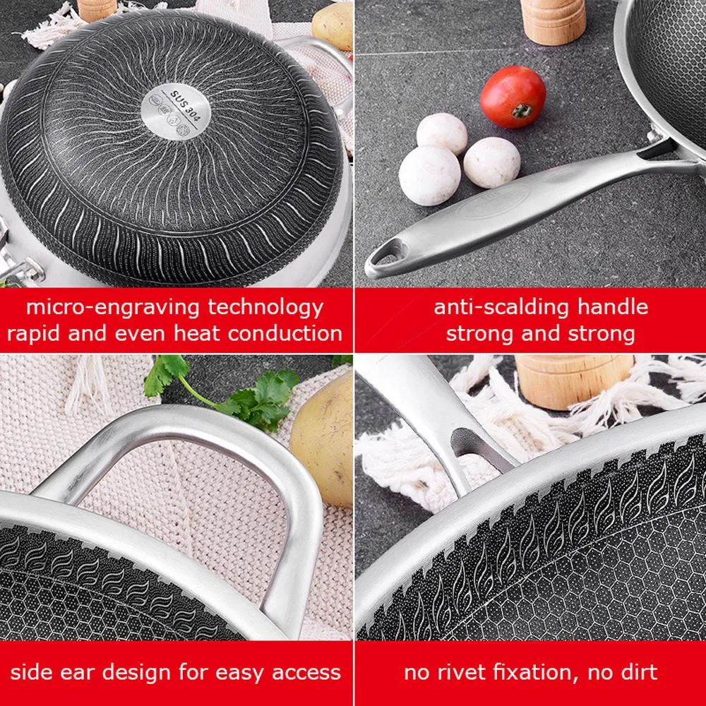 316 Stainless Steel Non-Stick Stir Fry Cooking Kitchen Wok Pan Honeycomb Double Sided