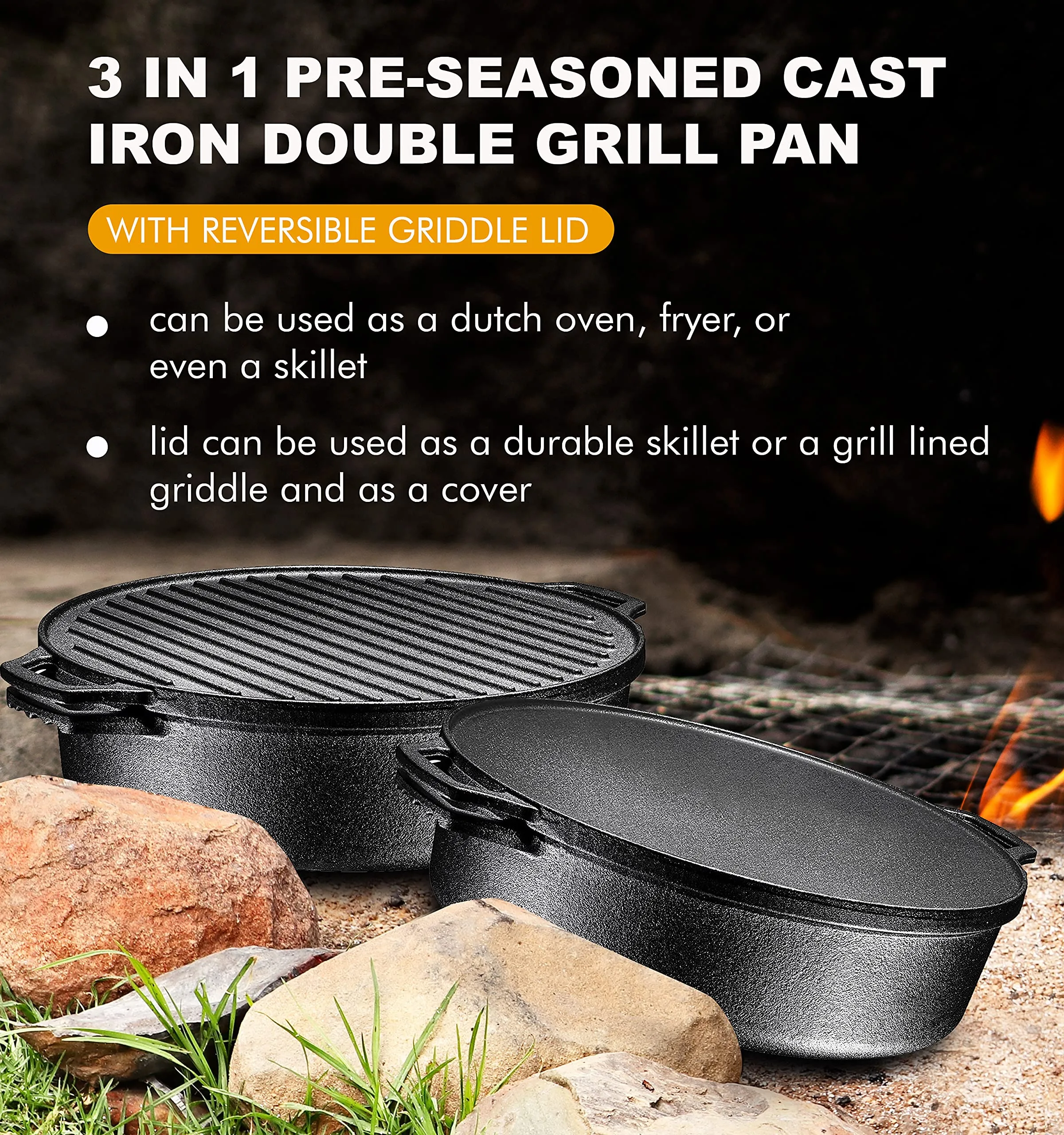 3In1 Pre-Seasoned Cast Iron Round Deep Roasting Pan With Reversible Grill Griddle Lid