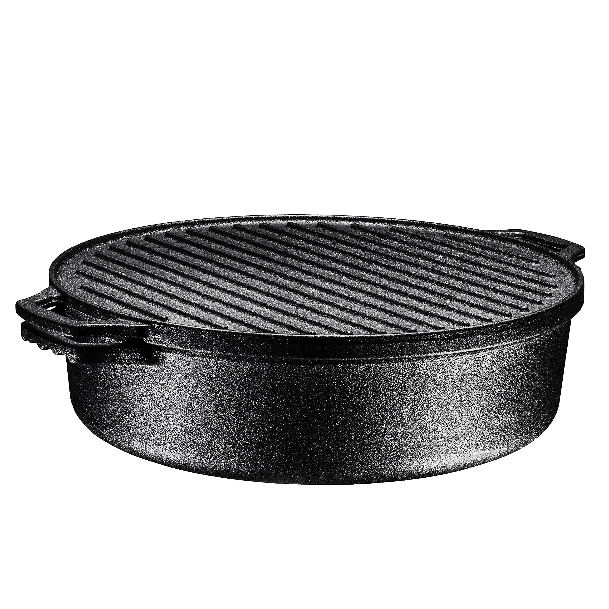 3In1 Pre-Seasoned Cast Iron Round Deep Roasting Pan With Reversible Grill Griddle Lid