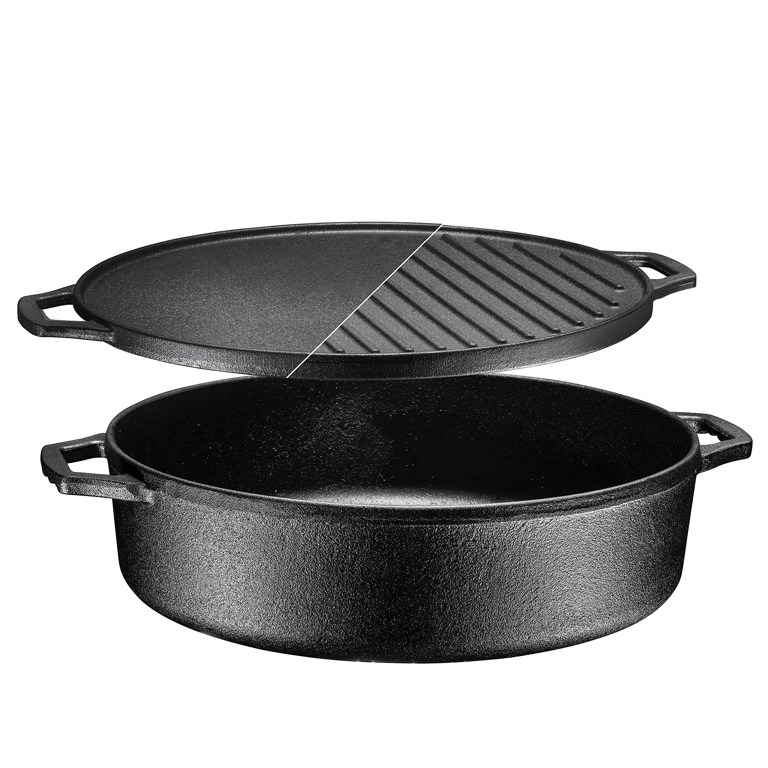 3In1 Pre-Seasoned Cast Iron Round Deep Roasting Pan With Reversible Grill Griddle Lid