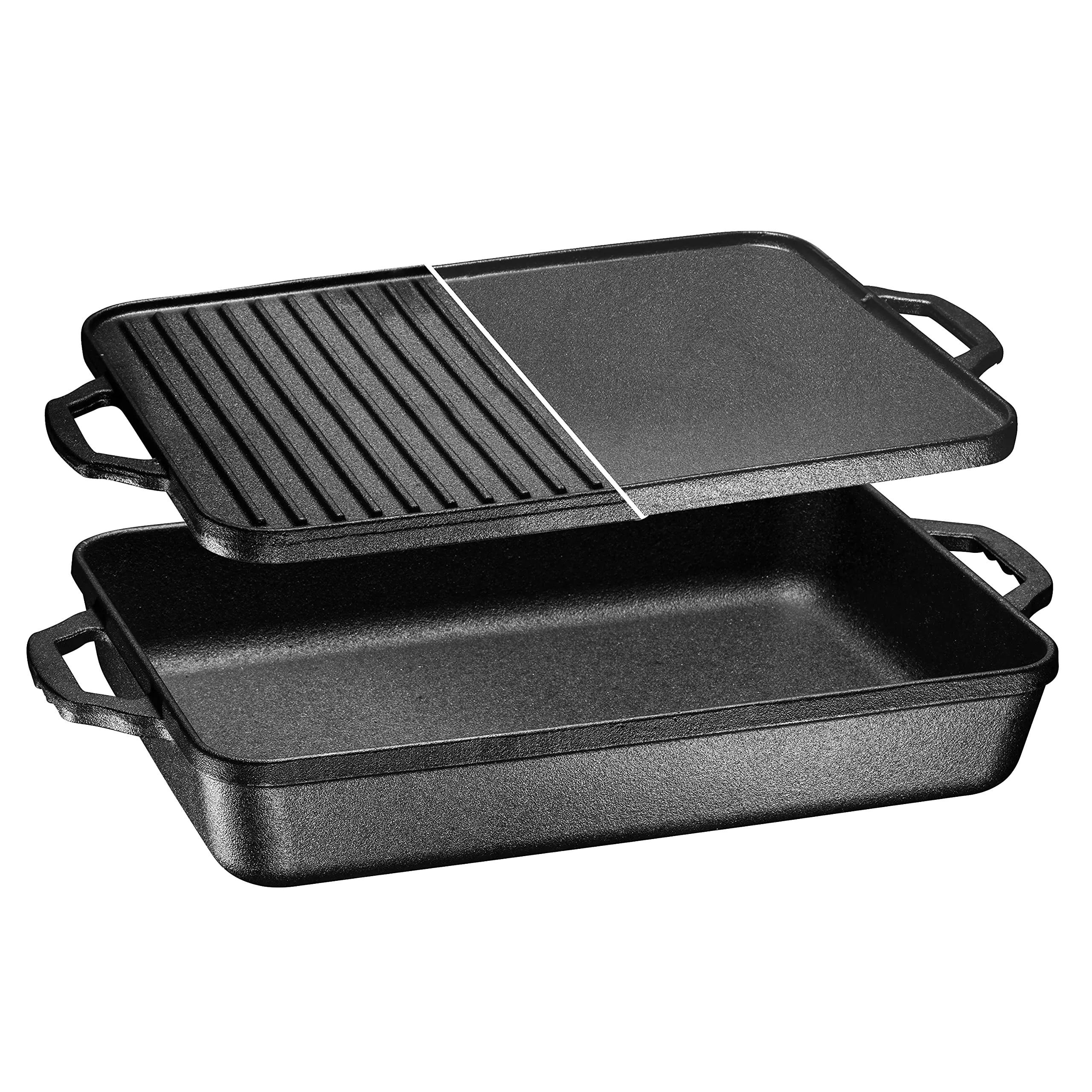 3In1 Pre-Seasoned Cast Iron Round Deep Roasting Pan With Reversible Grill Griddle Lid