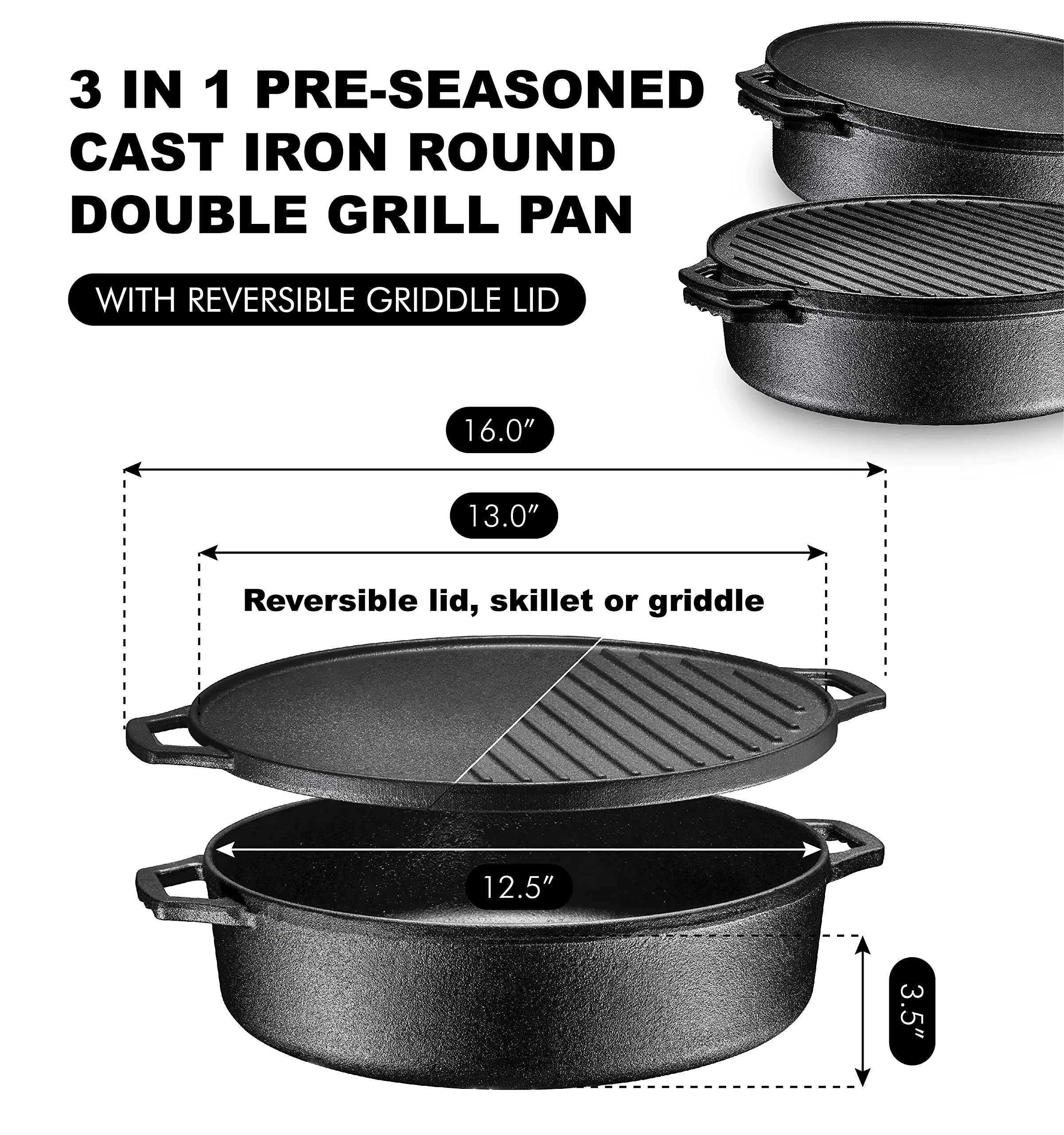 3In1 Pre-Seasoned Cast Iron Round Deep Roasting Pan With Reversible Grill Griddle Lid