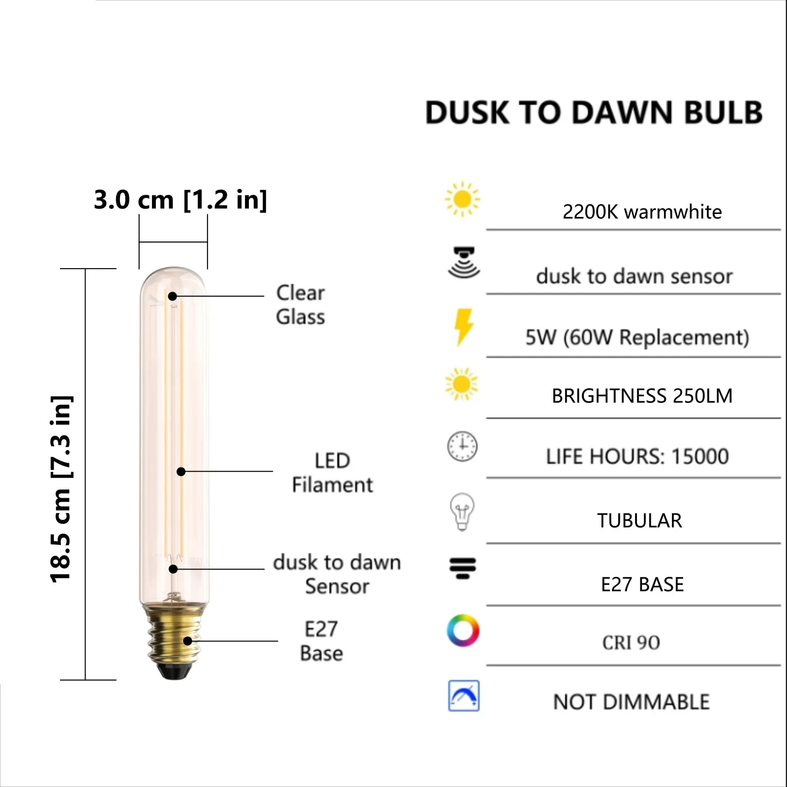 4PACK T185 Dusk to Dawn LED Filament Tubular Bulb 5W Equivalent 60W 2200K Warmwhite