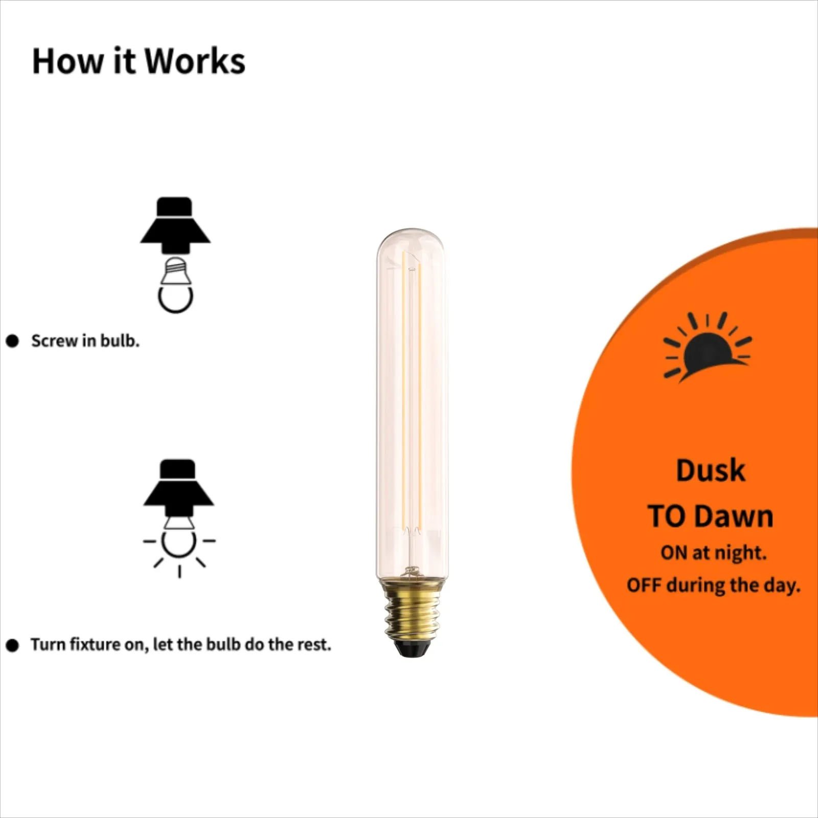 4PACK T185 Dusk to Dawn LED Filament Tubular Bulb 5W Equivalent 60W 2200K Warmwhite