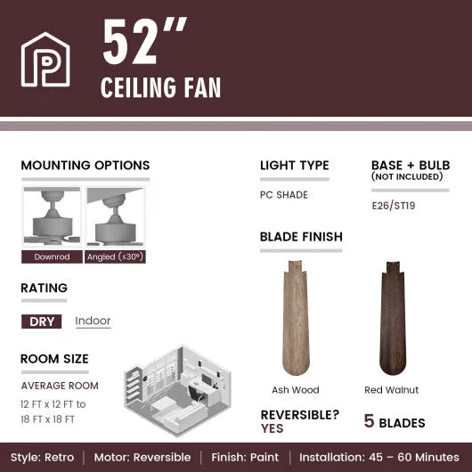 52 Inches Ceiling Fan with Remote Control-Walnut