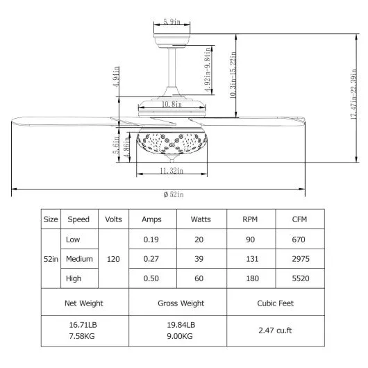 52 Inches Ceiling Fan with Remote Control-Walnut