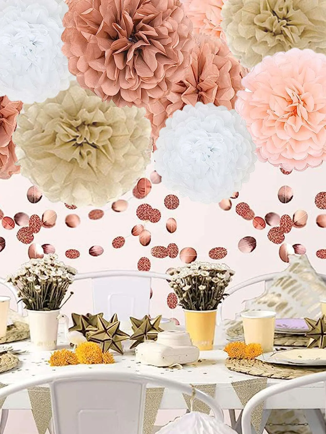 8pcs Paper Party Decoration Set For Bridal Baby Birthday Wedding, Including Pom Poms, Paper Fans And Lanterns In White, Beige And Pink, Suitable For Baby Shower, Wedding, Birthday, Party Decorations