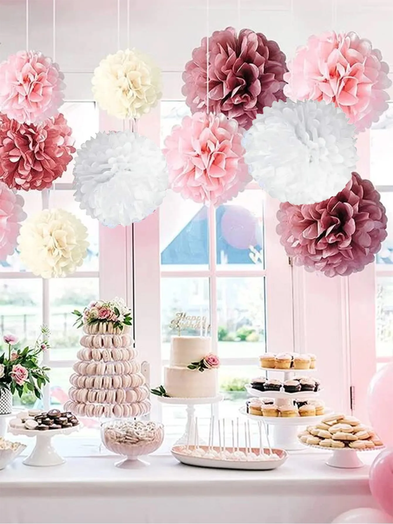 8pcs Paper Party Decoration Set For Bridal Baby Birthday Wedding, Including Pom Poms, Paper Fans And Lanterns In White, Beige And Pink, Suitable For Baby Shower, Wedding, Birthday, Party Decorations