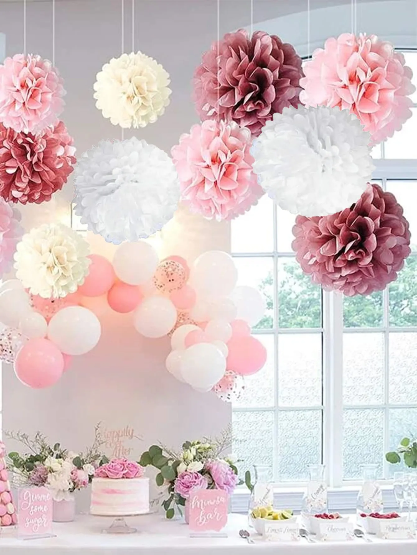 8pcs Paper Party Decoration Set For Bridal Baby Birthday Wedding, Including Pom Poms, Paper Fans And Lanterns In White, Beige And Pink, Suitable For Baby Shower, Wedding, Birthday, Party Decorations