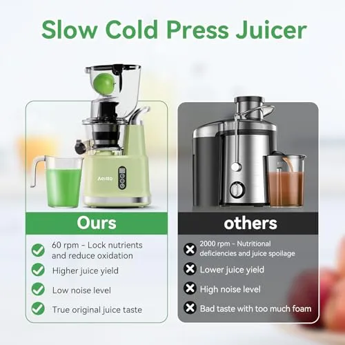 Aeitto Cold Press Juicer,Masticating Juicer Machines with 3.3" Large Feed Chute for Vegetables and Fruits,Self Feeding for Juice Extractor,Large Capacity,High Juice Yield,Easy to Clean, Avocado Green