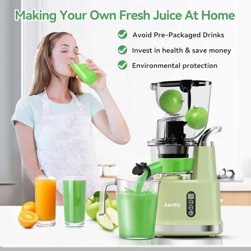 Aeitto Cold Press Juicer,Masticating Juicer Machines with 3.3" Large Feed Chute for Vegetables and Fruits,Self Feeding for Juice Extractor,Large Capacity,High Juice Yield,Easy to Clean, Avocado Green