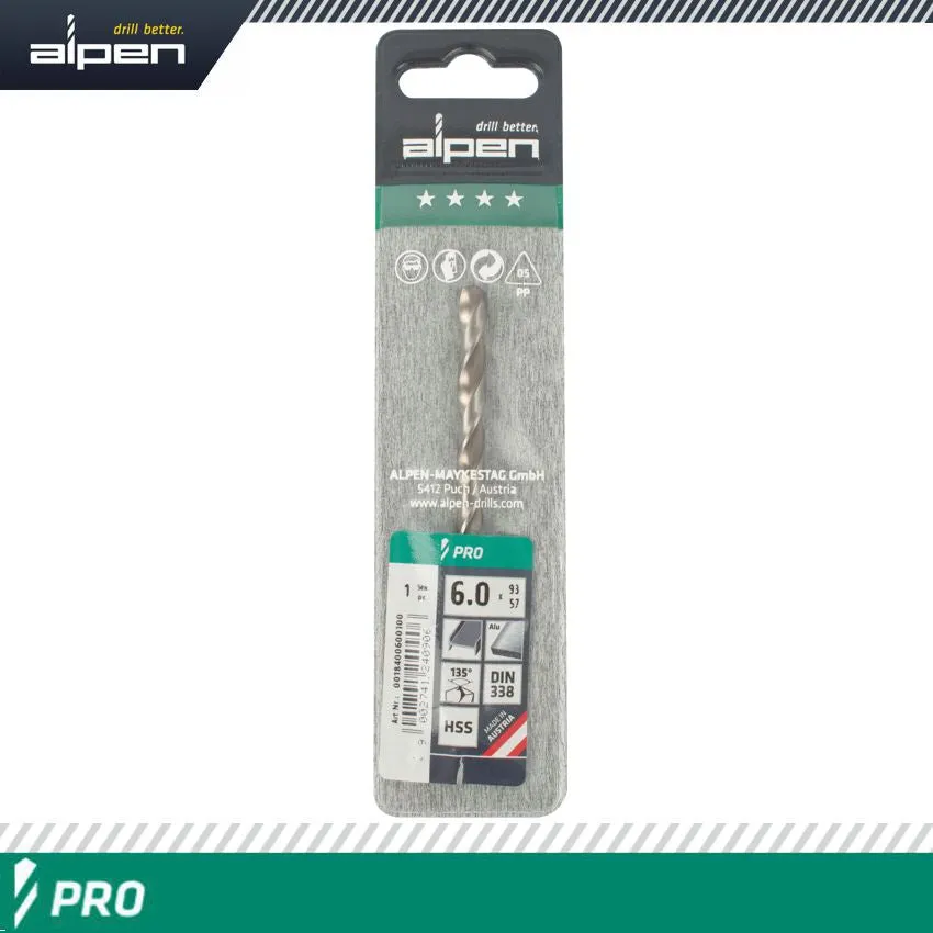 ALPEN ALPEN PRO HSS 6MM DRILL DIN 338 RN 135 SPLIT POINT PLASTIC WALLET  (1 ALP1840060