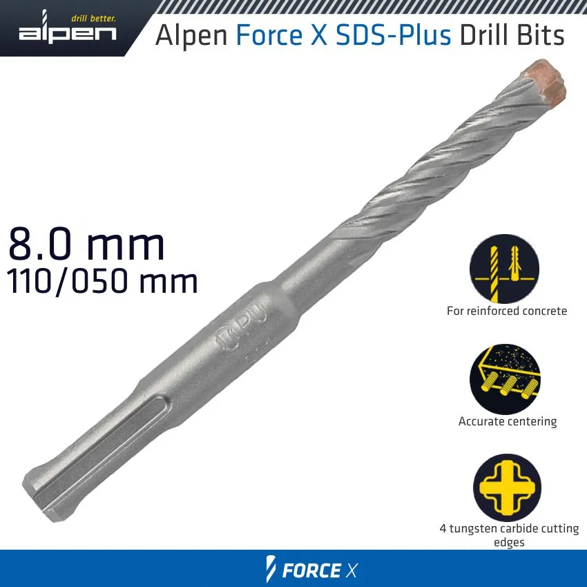 ALPEN FORCE X 8.0 x 110/050 SDS-PLUS DRILL BIT X4 CUTTING EDGES ALP805008