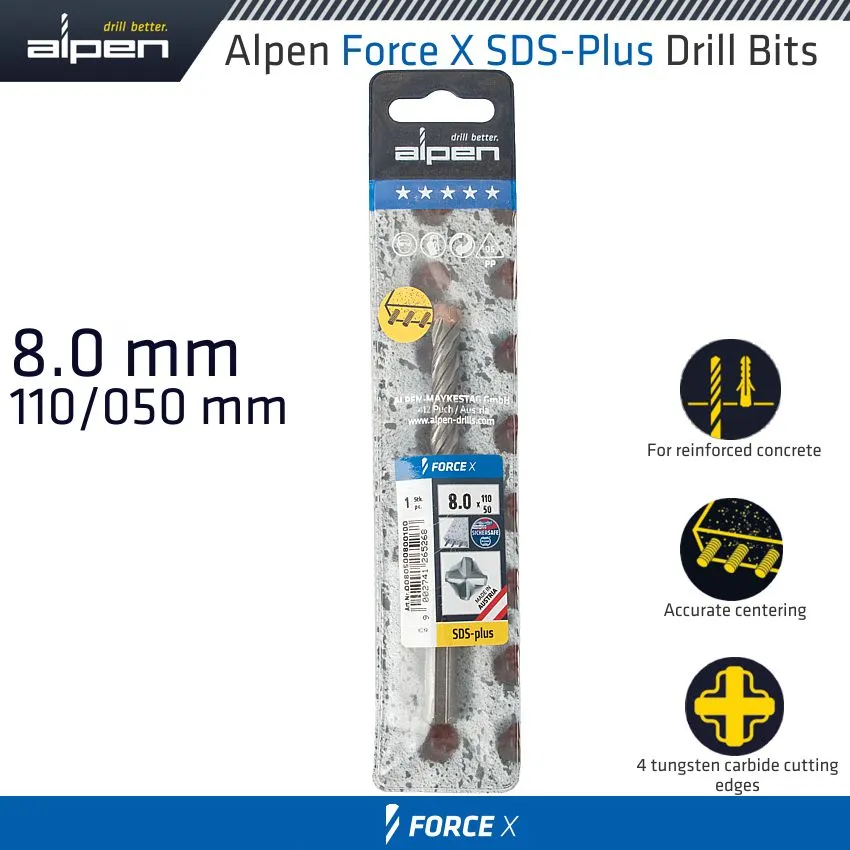 ALPEN FORCE X 8.0 x 110/050 SDS-PLUS DRILL BIT X4 CUTTING EDGES ALP805008