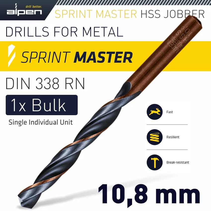 ALPEN HSS SPRINT MASTER 10.8MM BULK DIN 338 ALPEN DRILL BIT ALP6260108