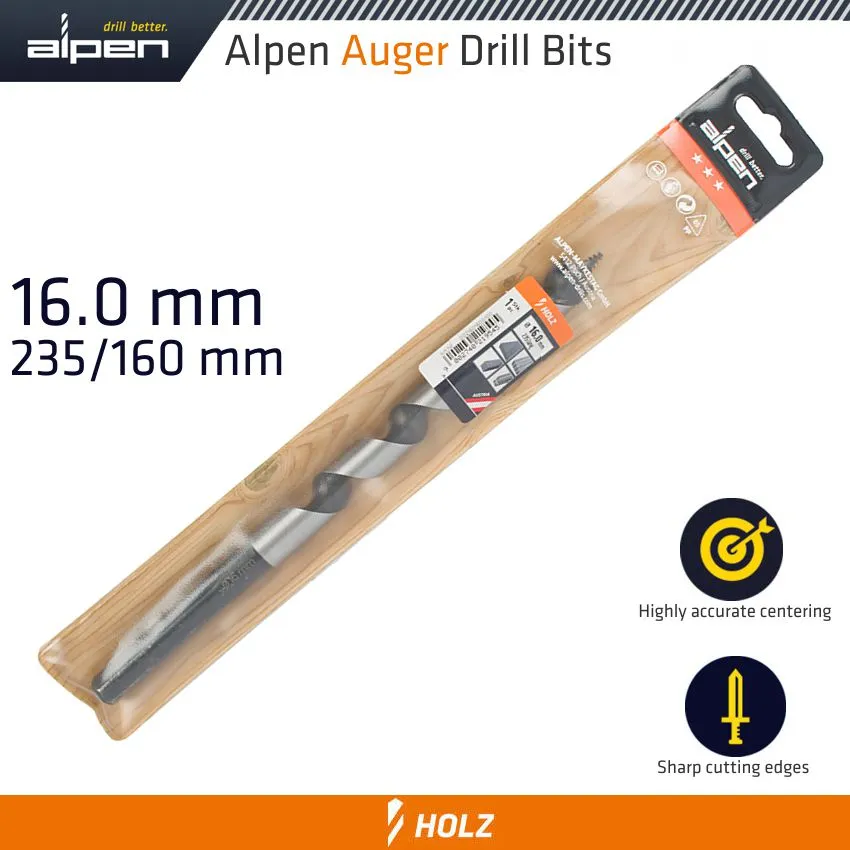 ALPEN WOOD AUGER DRILL BIT 16 X 235MM ALP21616