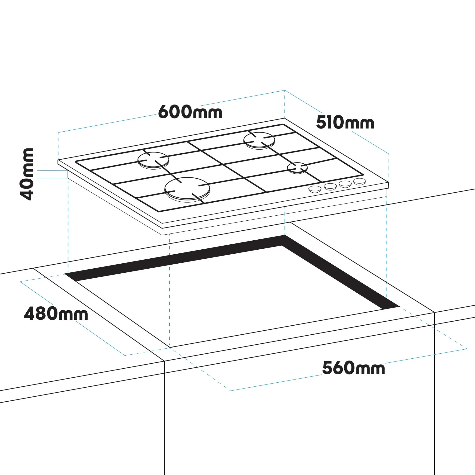 Baridi 60cm Gas Hob Built-In, 4 Burner and Cast Iron Pan Supports, Stainless Steel - DH225