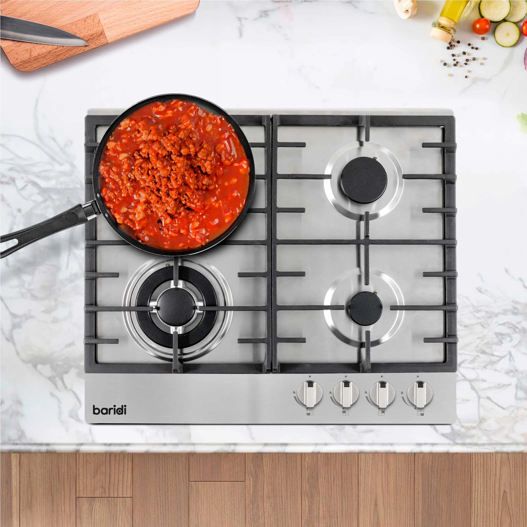 Baridi 60cm Gas Hob Built-In, 4 Burner and Cast Iron Pan Supports, Stainless Steel - DH225