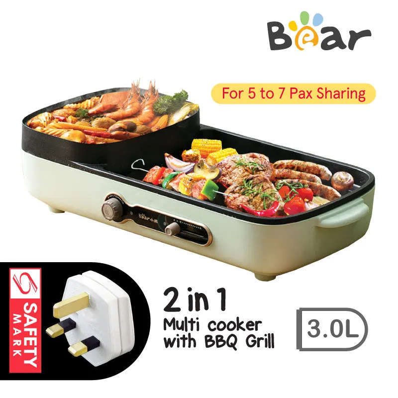 Bear Steamboat with BBQ Grill, 2 in 1 Multi Cooker with Non-stick inner pot (DKL-C15G1)