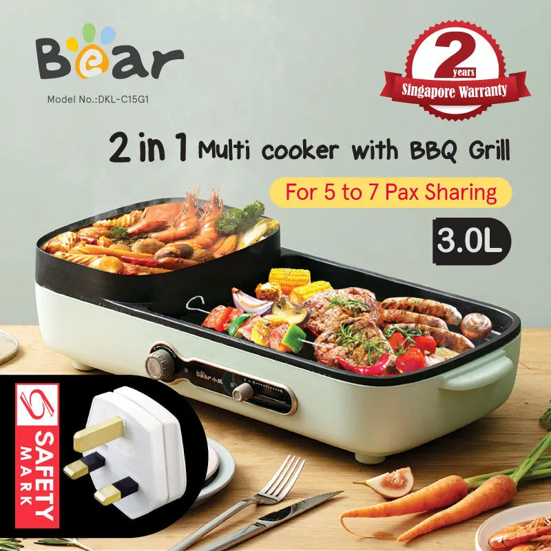 Bear Steamboat with BBQ Grill, 2 in 1 Multi Cooker with Non-stick inner pot (DKL-C15G1)