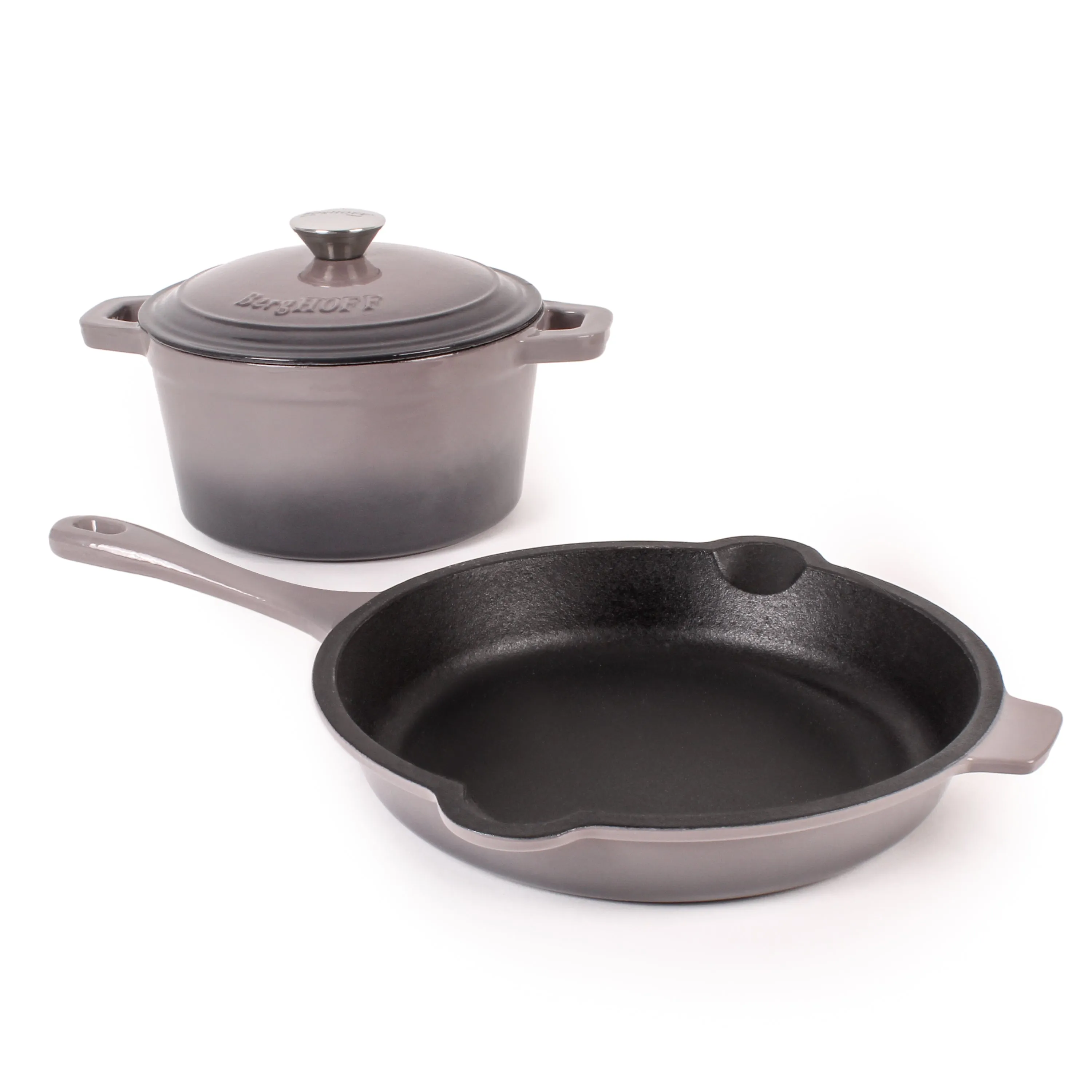 BergHOFF Neo 3pc Cast Iron Cookware Set, Fry Pan & Round Dutch Oven, Oyster