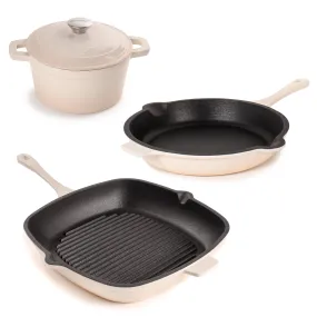 BergHOFF Neo 4pc Cast Iron Cookware Set, Fry Pan, Grill Pan & Round Dutch Oven, Meringue