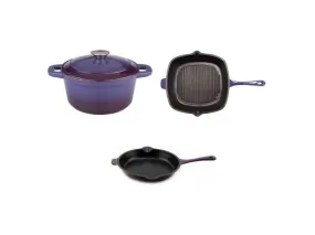 BergHOFF Neo 4pc Cast Iron Cookware Set, Fry Pan, Grill Pan & Round Dutch Oven, Purple