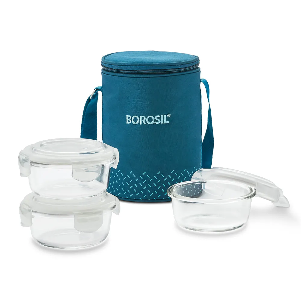 Borosil Teal Glass Lunchbox, Round x 3