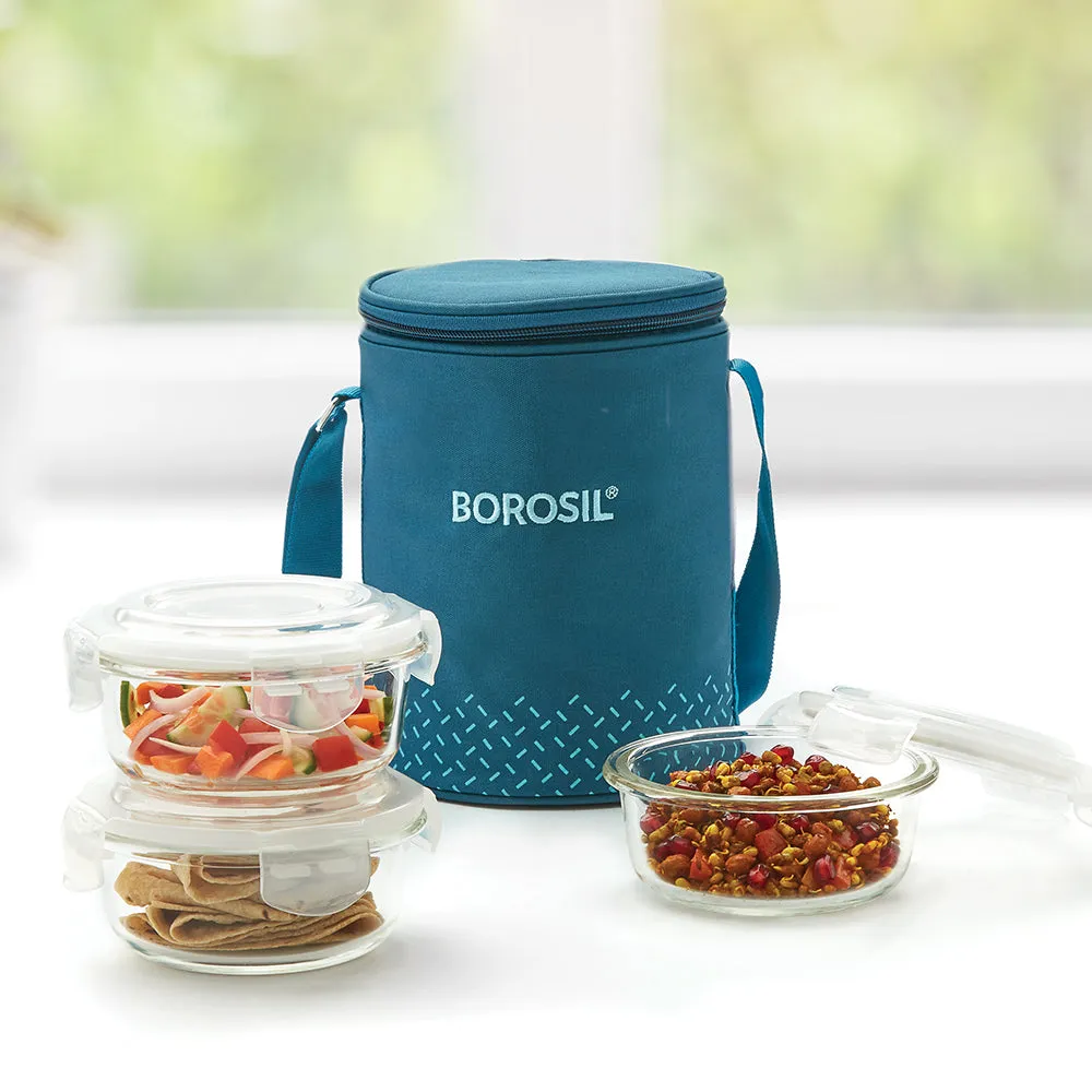 Borosil Teal Glass Lunchbox, Round x 3