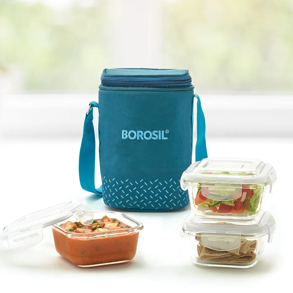 Borosil Teal Glass Lunchbox, Square x 3