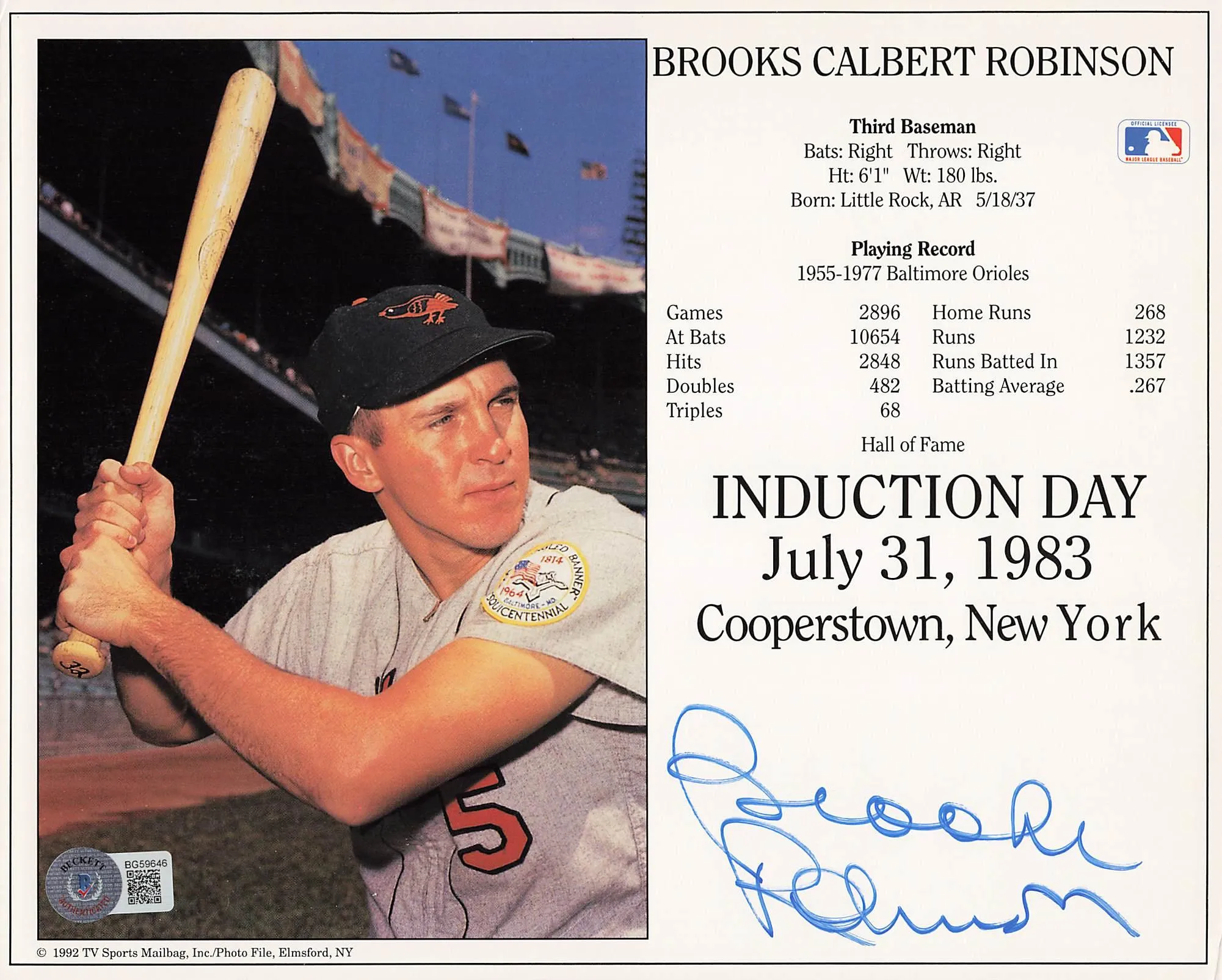 Brooks Robinson Signed 8x10 Photo Hall of Fame (BAS BG59646)