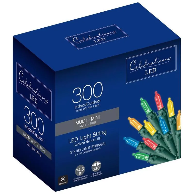 Celebrations LED Mini Multicolored 300 ct String Christmas Lights 74.5 ft.