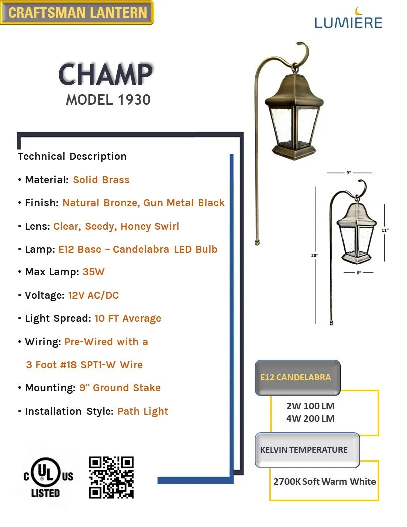 Champ Solid Brass Craftsman Lantern Garden Pathway Light