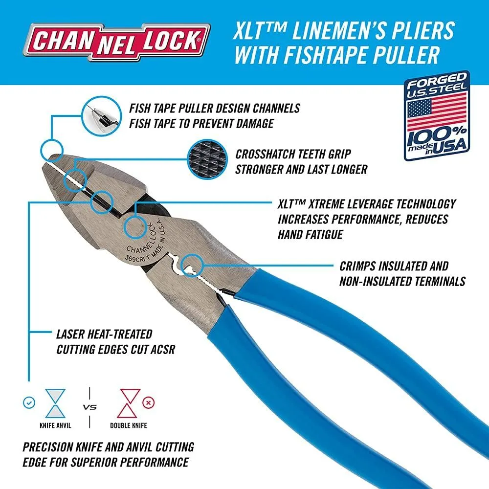 CHANNELLOCK 369CRFT | 9.5-in. Linemen's Plier, Hi-Leverage with Crimper/Cutter and Fish Tape Puller