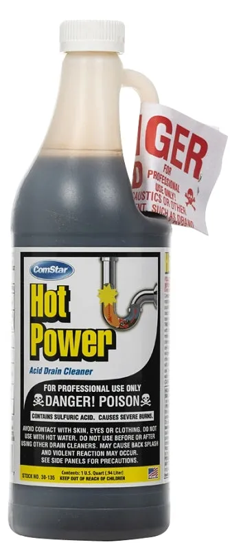 ComStar Hot Power 30-135 Drain Cleaner, Liquid, Amber, Sharp, 1 qt Bottle :EA: QUANTITY: 12