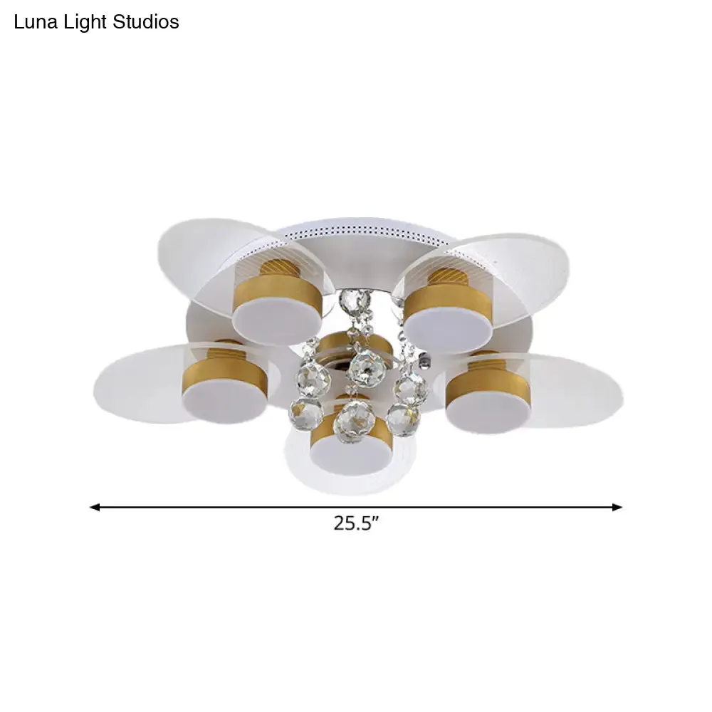 Contemporary Floral Crystal Flush Light with 5 LED Bulbs - White Ceiling Lighting with Clear Glass Panel, Warm/White Light - for Bedroom