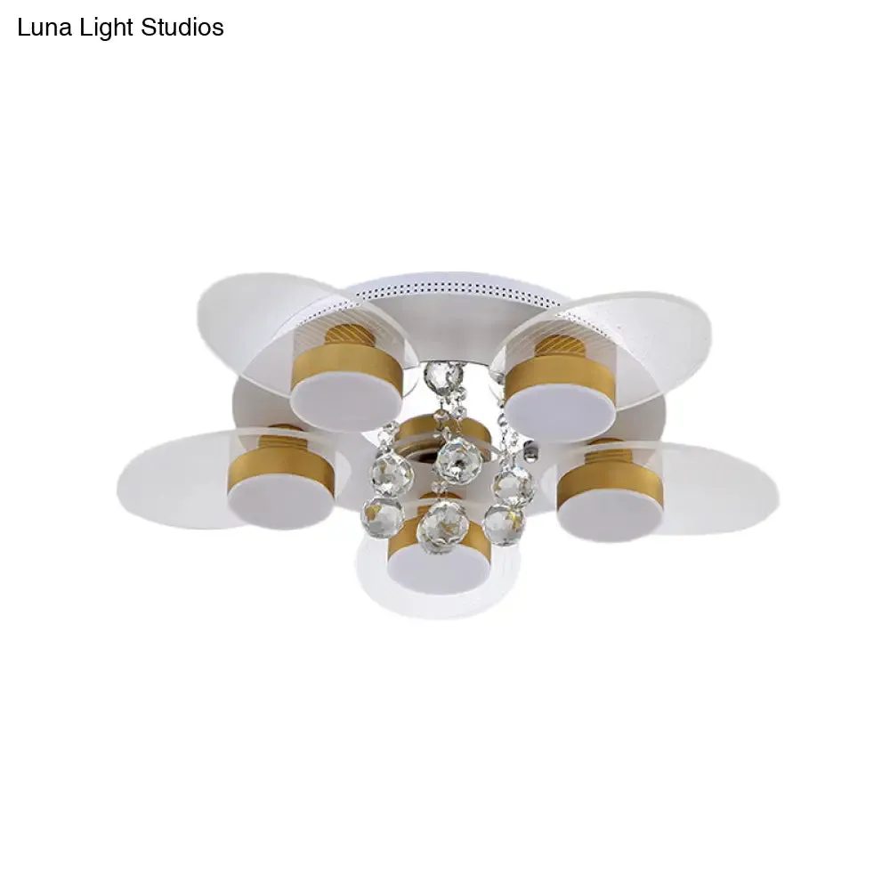 Contemporary Floral Crystal Flush Light with 5 LED Bulbs - White Ceiling Lighting with Clear Glass Panel, Warm/White Light - for Bedroom