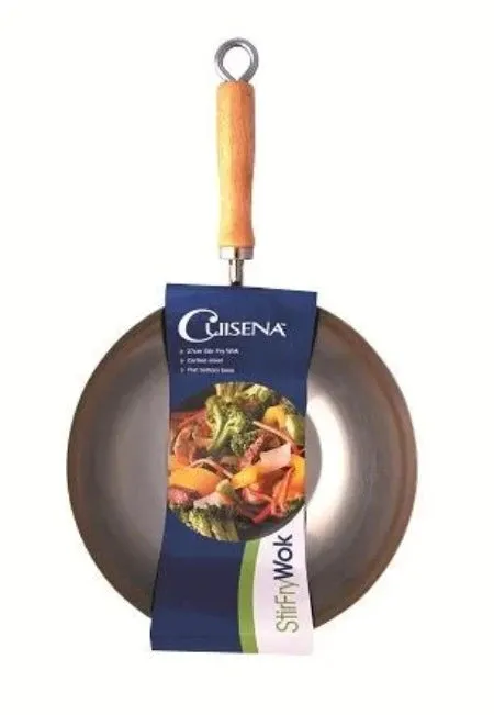 Cuisena 27cm Carbon Steel Stir Fry Wok With Flat Bottom Base