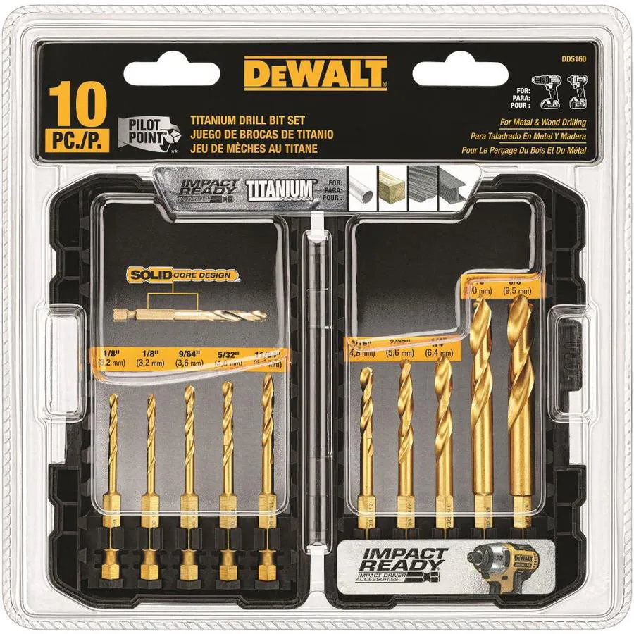 DeWalt DD5160 10-Piece Titanium Nitride Coating Impact Ready Wood and Metal Drill Bit Set 1/8" - 3/8"