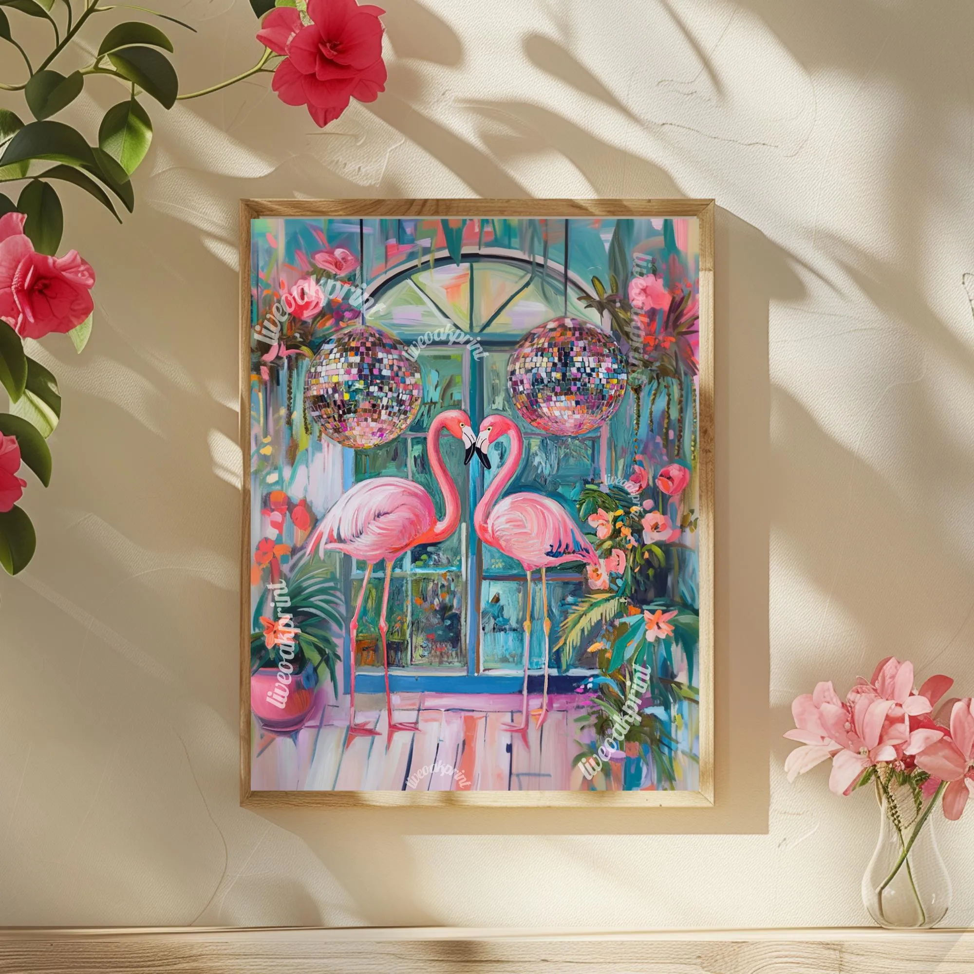 Disco Flamingos In Love ! - Maximalist Funky Wall Art - Retro Flamingo Print - Disco Wall Art - Flamingo Art Print - Funky Flamingo Poster