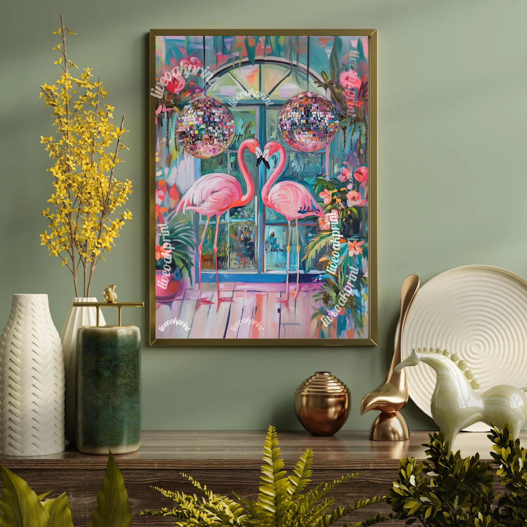 Disco Flamingos In Love ! - Maximalist Funky Wall Art - Retro Flamingo Print - Disco Wall Art - Flamingo Art Print - Funky Flamingo Poster