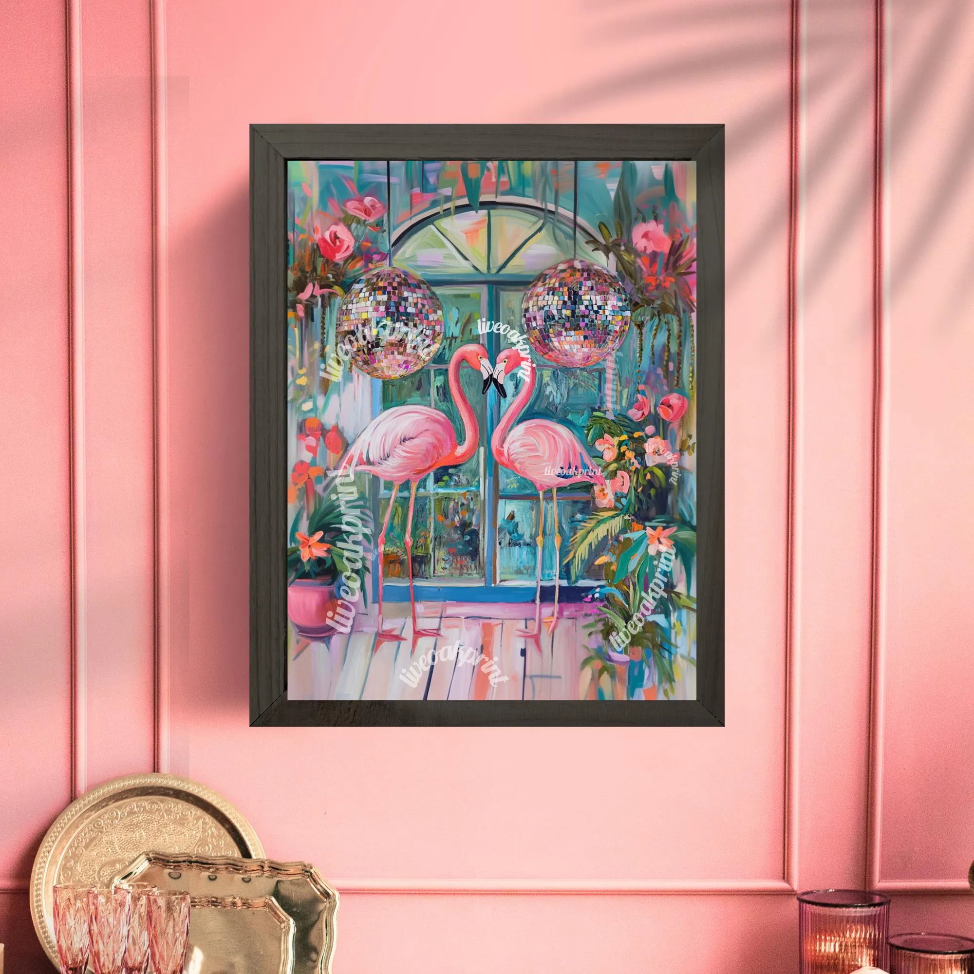 Disco Flamingos In Love ! - Maximalist Funky Wall Art - Retro Flamingo Print - Disco Wall Art - Flamingo Art Print - Funky Flamingo Poster