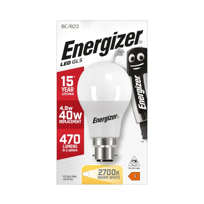 Energizer 4.9W B22 Standard GLS LED Bulb - 470lm - 2700K